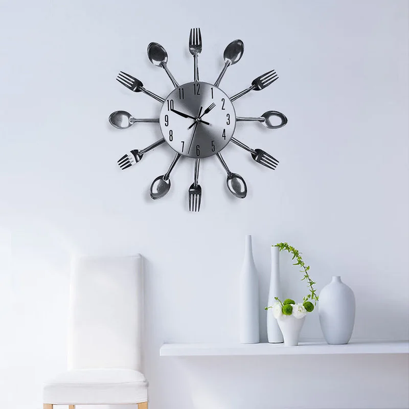 Modern Design Sliver Cutlery Kitchen Utensil Wall Clock Spoon Fork
