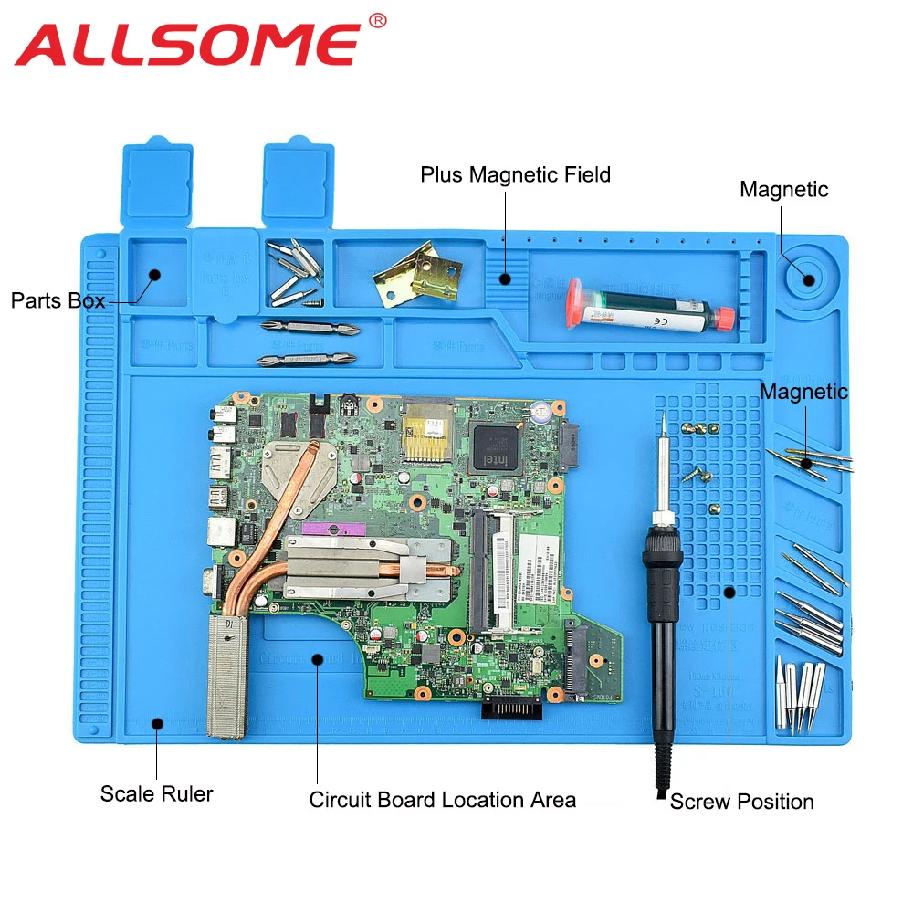 

ALLSOME Sording Tool Magnetic Heat Insulation Silicone Pad Desk Mat for Soldering Maintenance Platform Hand Tools Repairing Pad