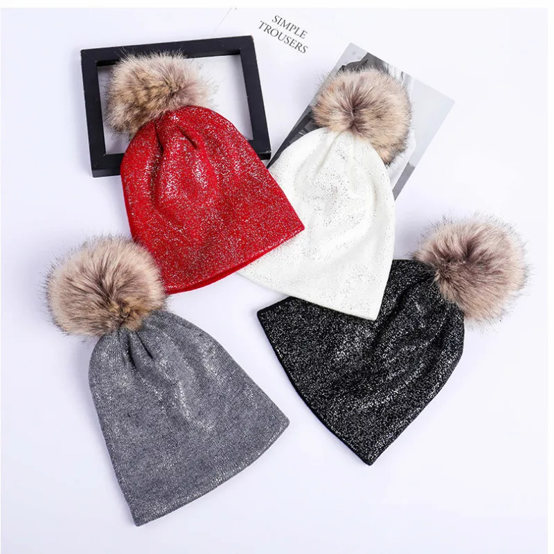 

New Adult Women Winter Warm Crochet Knit Hat Beanie Sequined Cotton Flush Cap Big Hairball Cute Beanie Pom Poms Hat For Women