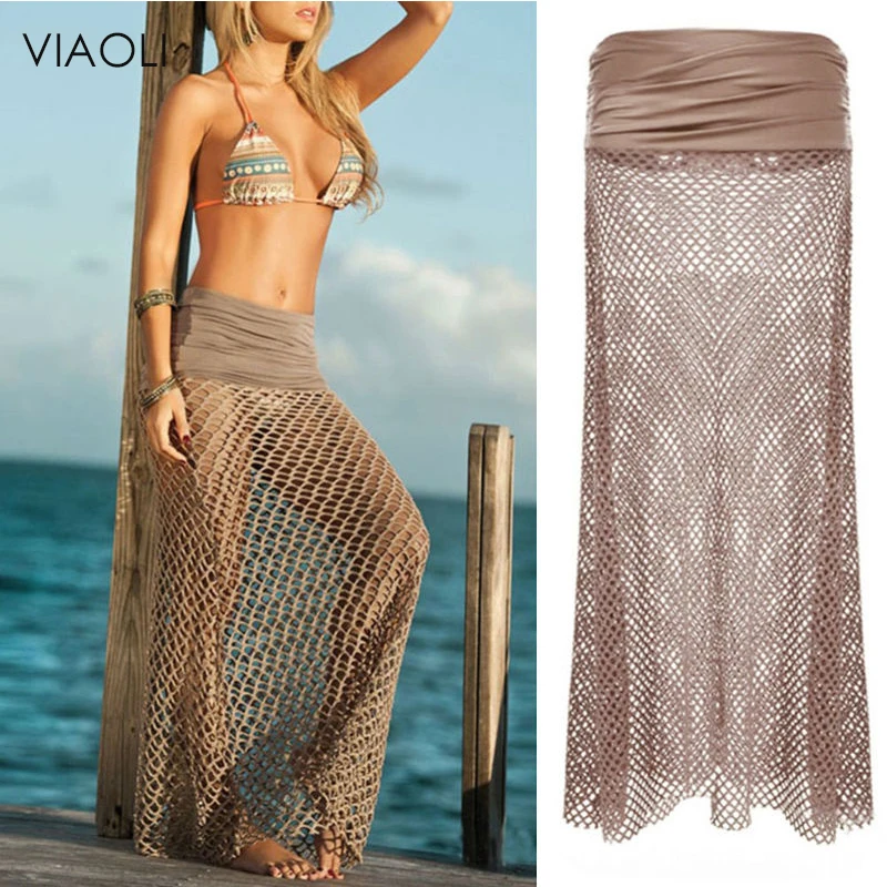 

VIAOLI New Dress Elastic Sexy Women Bikini Swimwear Cover Up Beach Dress Mesh Hollow Crochet Skirt Dress