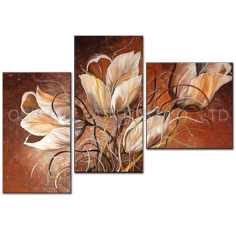 

Professional Artist Handmade High Quality Abstract Flower Oil Painting on Canvas Brown Colors 3 Panels Flower Oil Painting
