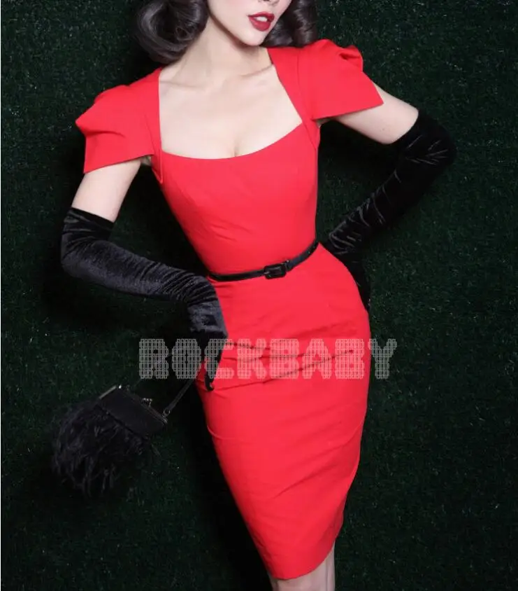

2019 new retro elegant red Square Collar Puff Sleeve Temperament Party Dress