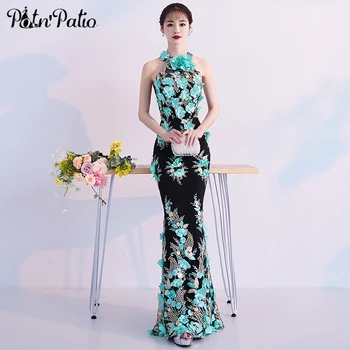 

Sexy Mermaid Prom Dresses 2019 Plus Size Black And Blue Lace Flower Beaded Luxury Women Formal Gowns