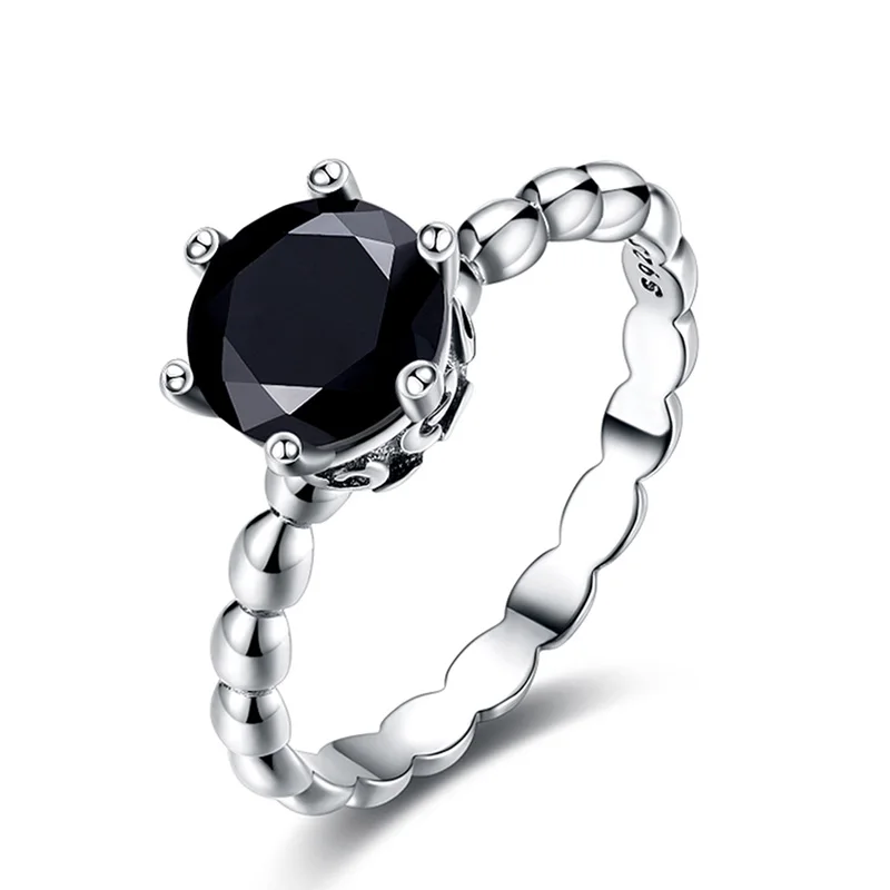 

Silver Color Ring Charms With Six-claw black crystal Crown Bracket Wedding Ring For Women 925 Jewelry