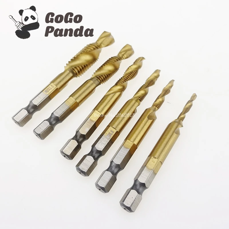 

Free Shipping 6 Pcs Hex Shank Tap Drill Bits Titanize Spiral Fluted Tap High Speed Steel Tap M3 M4 M5 M6 M8 M10 HSS for Metal