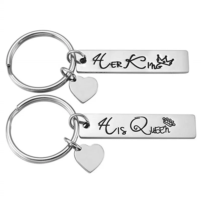 

2pcs Stainless Steel Laser Engraving His Queen Her King Love Heart For Women Men Lovers Couple Valentines Day Set Keychain Gift