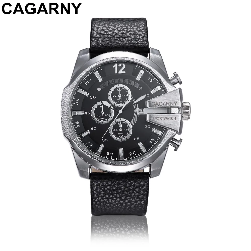 Reloj Hombre Роскошные Брендовые мужские часы CAGARNY с кожаным ремешком кварцевые часы военные спортивные мужские часы Relogio Masculino - Цвет: Black and silver