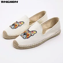 Модные Этнические повседневные Эспадрильи с вышивкой собаки на плоской подошве; Новинка; Женская Весенняя обувь с вышивкой; Слипоны для рыбаков; конопляная обувь на шнуровке