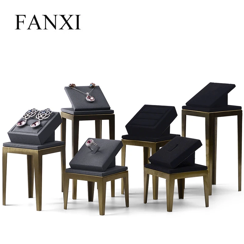 

FANXI New Metal Jewelry Display Stand Set Ring Necklace Earring Display Holder Shelf with Leather Microfiber Jewelry Showcase