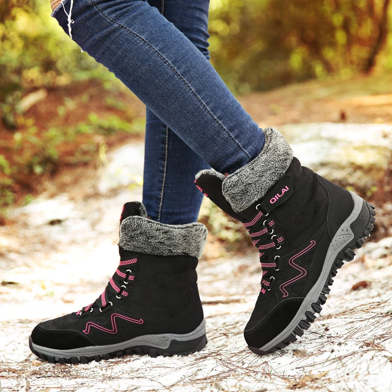 Online Women Winter Snow Boots High Top Sneakers Short Plush Shoes Warm Mid Calf Boots Suede Leather Botine Botas Mujer 2019