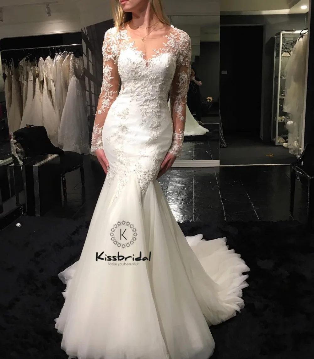 

vestido de noiva sereia 2018 Wedding Dress Long Sleeve Button Back Applqiued Beading Wedding Bride Dresses V-neck