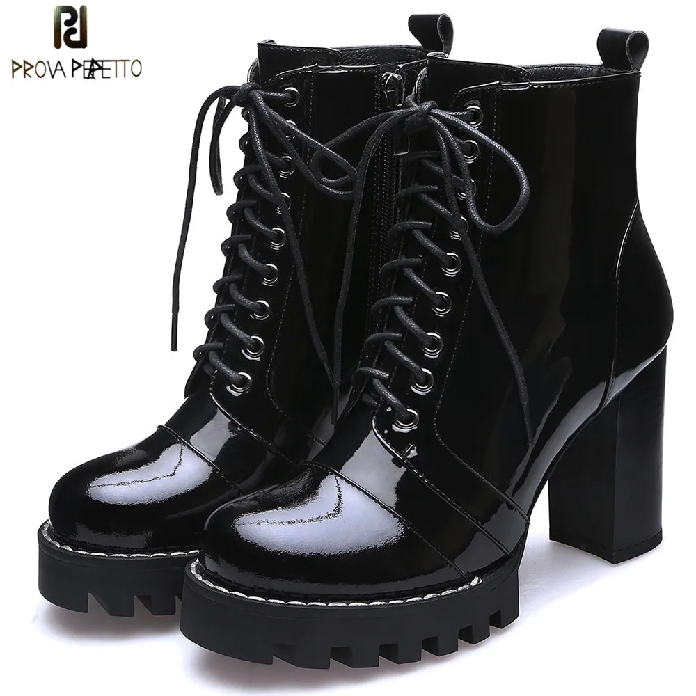 Prova Perfetto Brand Design Black ankle Boots Women Lace-up Real Leather Platform Shoe Woman Party Ankle Boots High Heel Boots