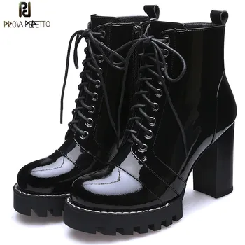 

Prova Perfetto Brand Design Black ankle Boots Women Lace-up Real Leather Platform Shoe Woman Party Ankle Boots High Heel Boots