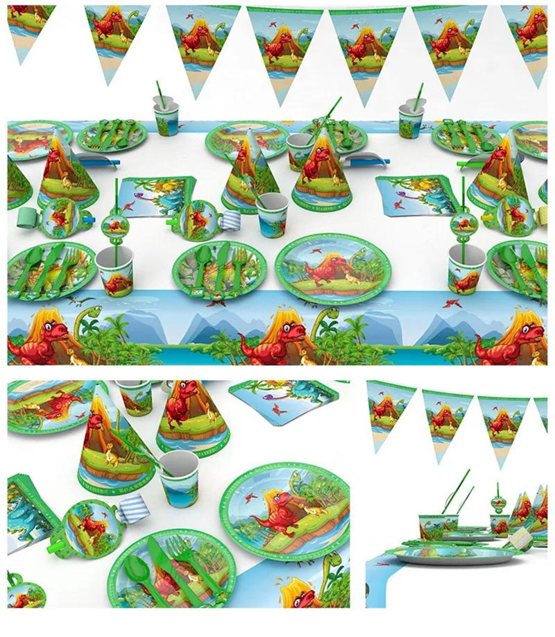 

Dinosaur Party Theme Cup Plate Tablecloth Hat Flag Napkin Tableware Sets Children Happy Birthday Theme Party Decoration Supplies