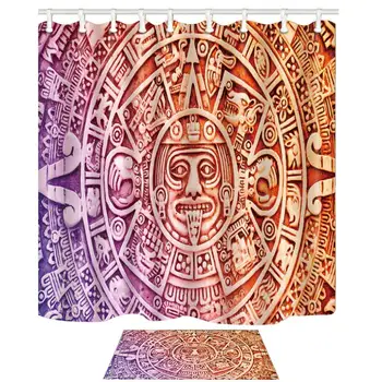 

Retro Mayan Calendar Disk Mildew Resistant Polyester Fabric Shower Curtain Set Flannel Non-Slip Floor Doormat Bath Rugs