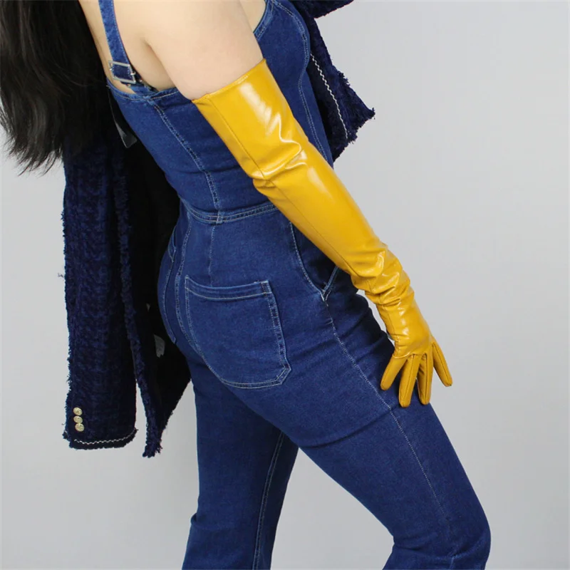 Женские дополнительные длинные кожаные перчатки 70 см длинный отрезок локоть имитация кожи PULong перчатки имбирный желтый Яркий желтый 5-QPJH08