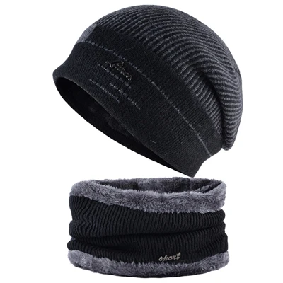 Шапка мужская Шерстяные шапки из смешанной ткани, мужские вязаные шерстяные шапки с двойным слоем, шапки с маской для мужской зимняя шапка, шарф в сдержанном стиле - Цвет: Black sets