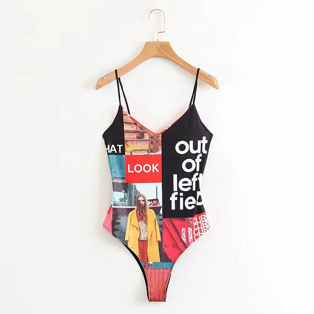 

FIRSTTO Sexy Colorful Character Photo Letter Print Deep V-Neck fit Romper Body Siamese Bodysuit Undershirt Women Sling Playsuits