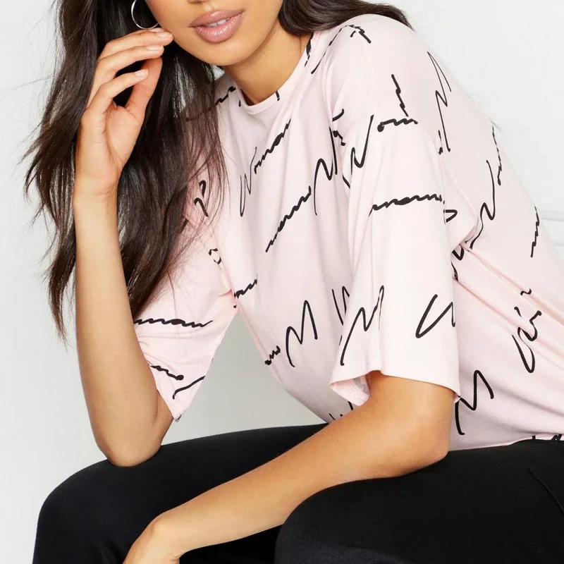 

Women Cotton T-Shirt Geometric Lines Print Summer O-Neck Tee new Fashion Top loose style short sleeve Casual T-Shirt