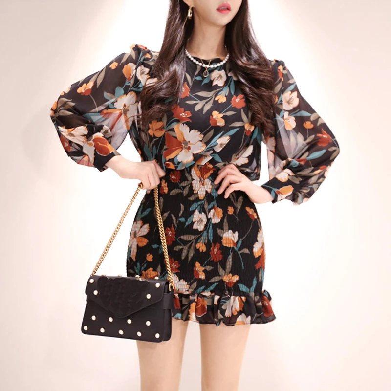 

Stylish O-neck Floral Print Women Mini Dress Full Sleeve Ruffles Ruched Short Hip Package Female Vestidos femme 2019