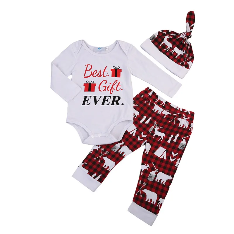 Brand New Christmas 3pcs Set Newborn Infant Baby Boy Girl Best Gift Ever Romper Pants Elk Print Beanie Hat Outfits Clothes USA | Детская