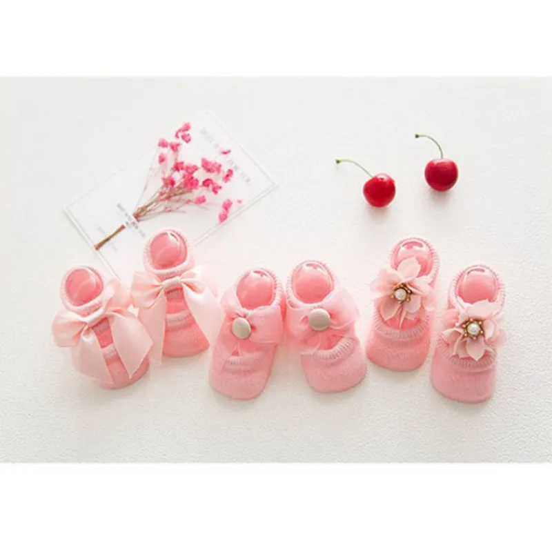 3 Pairs/Lot Newborn Baby Socks Lace Cotton Flower Anti-Slip Kids Floor Socks Bow Baby Girl Socks Spring Summer Girls Gift sokken