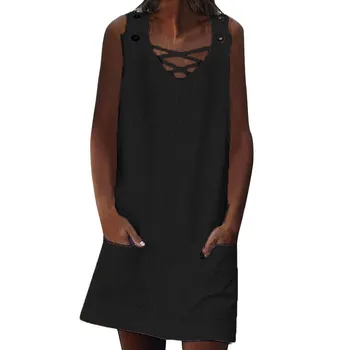 

KLV 2019 Women V-Neck Shift Daily Casual Splice Pockets Button Plain Cotton Dresses free shipping D4