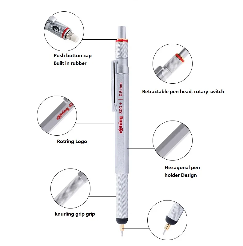 Механический карандаш Rotring 800+ 0,5 мм/0,7 мм серебристый/черный металл многофункциональная ручка карандаш для рисования, конденсаторная ручка, стилус