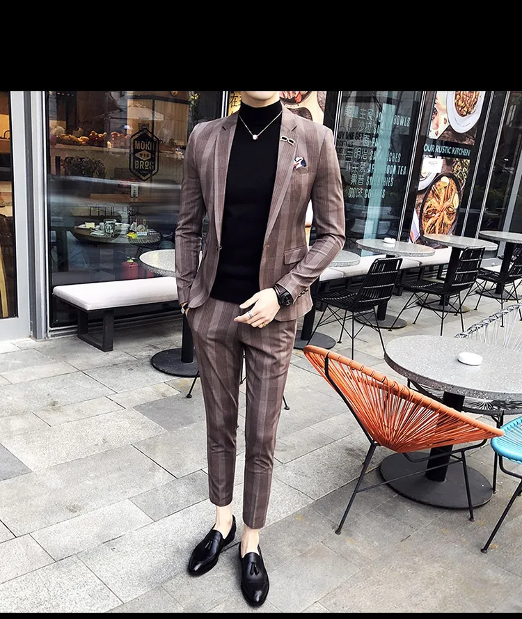 Подростковое мужское платье из двух частей тонкий дизайн в полоску Блейзер и брюки Азиатский Размер S M L XL XXL XXXL Terno Masculino