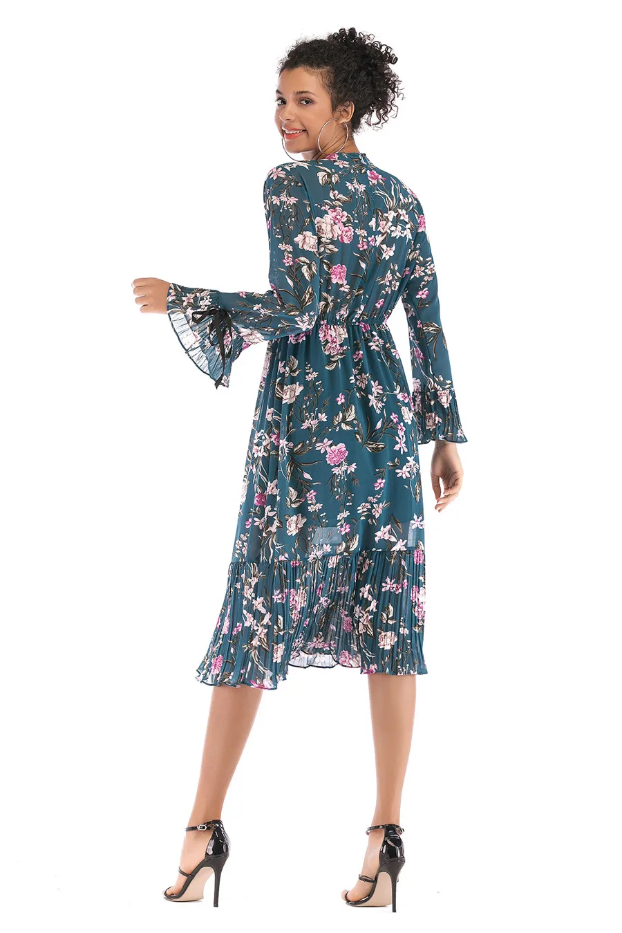 Gladiolus Floral Print Spring Autumn Women Dress 2019 O-Neck Lace Up Flare Sleeve Tunic Chiffon Dress Women Midi Party Dresses (20)
