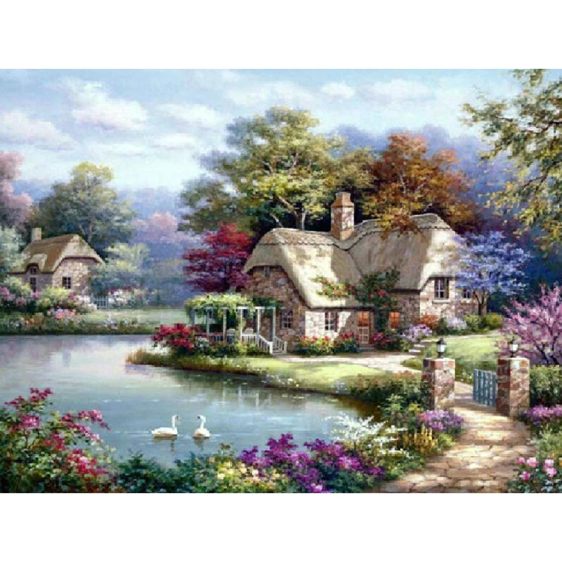 Needlework Diamond Painting Beautiful Pastoral Scenery Diamond Embroidery Square Drill Rhinestone Mosaic Picture Villa Garden