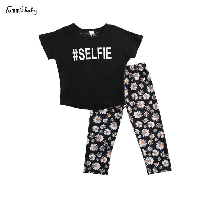 

Newborn Baby Girls Casual Short Sleeve O-Neck Pullover Letter Short Tops Floral Pants 2PCS Sunsuit Kids Clothing Sets 0-24M