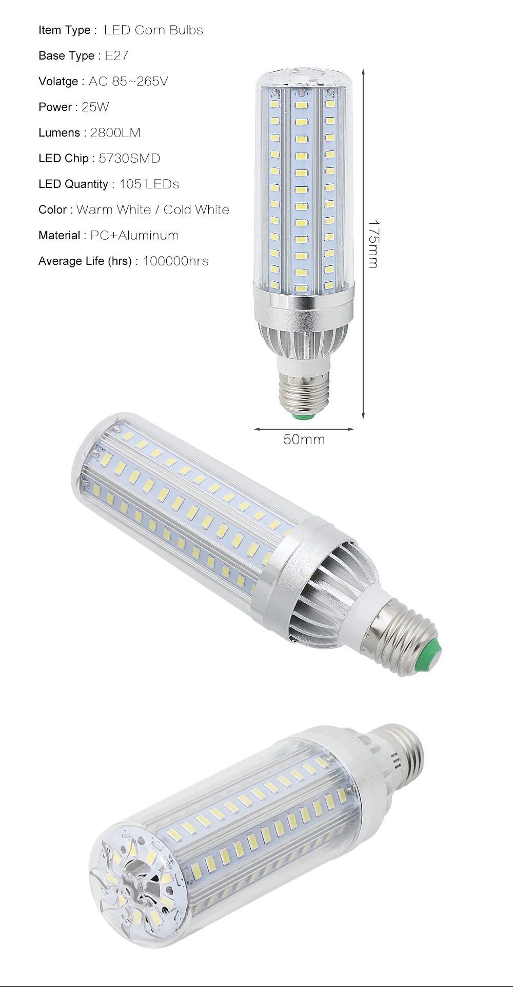 25 w 35 w 45 w E27 светодиодный лампы 85-265 V 5730 SMD лампа 105/129/153 светодиодный s Алюминий боди с вентилятор Ложные 40 w 50 w 60 w