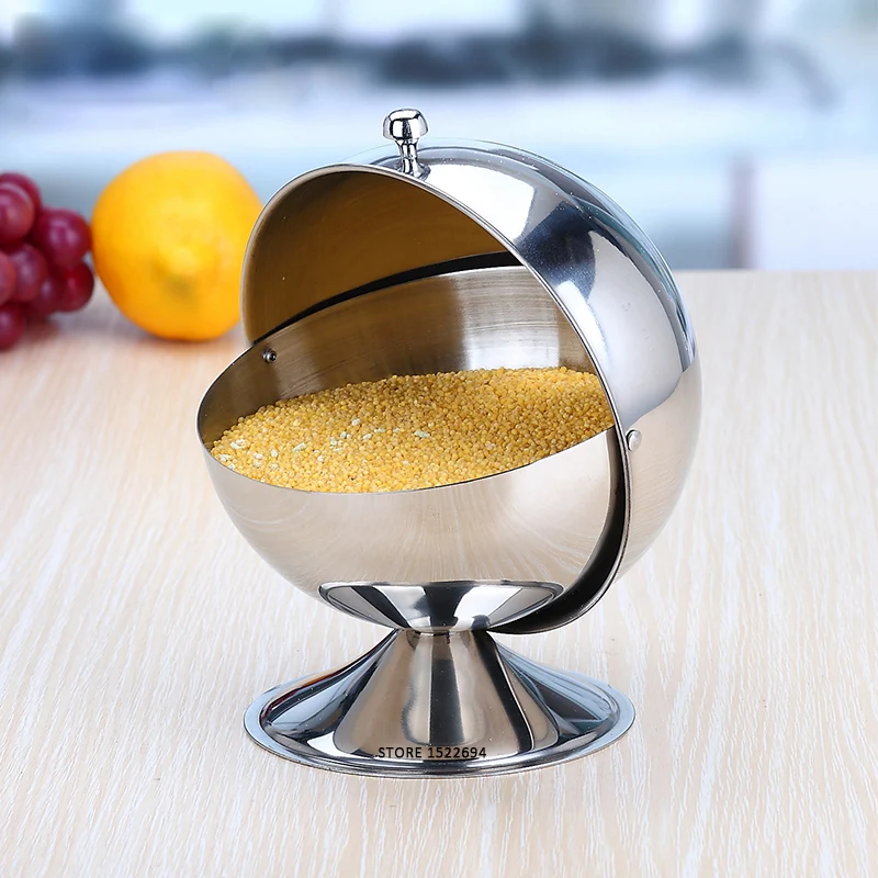 

Stainless Steel Seasoning Container Salt Sugar Serving Bowl Condiment Jar with Rotatable Lid Ball Shaped Condiment Container