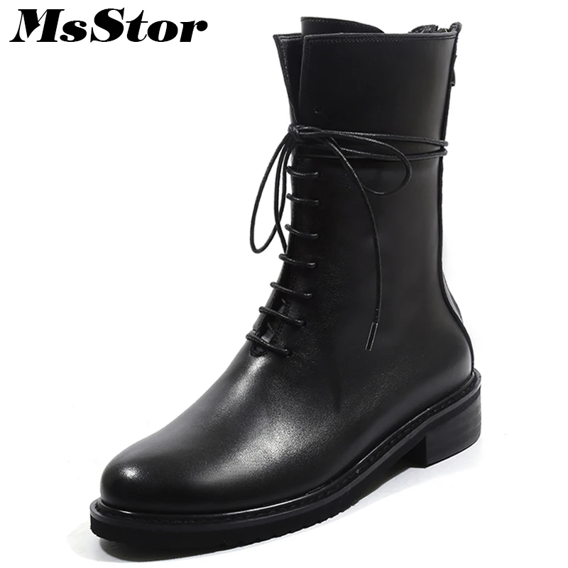 

Msstor Women Boots Square heel Lace Up Round Toe Ankle Boots Women Shoes Fashion Genuine Leather Low Heel Boots Shoes For Girl