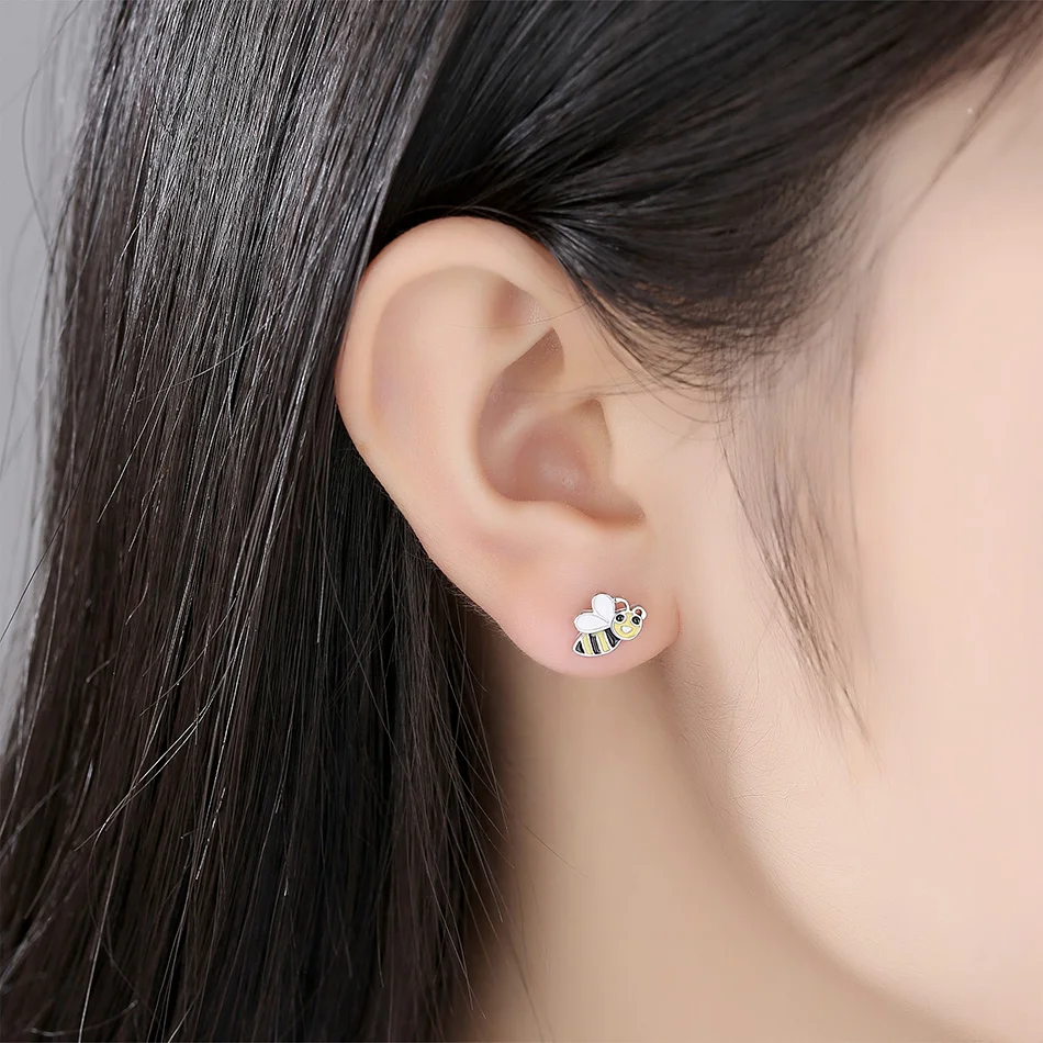 ELESHE 2019 New Simple 925 Sterling Silver Yellow Enamel Insect Honey Bee Small Stud Earrings for Women Girls Fashion Jewelry