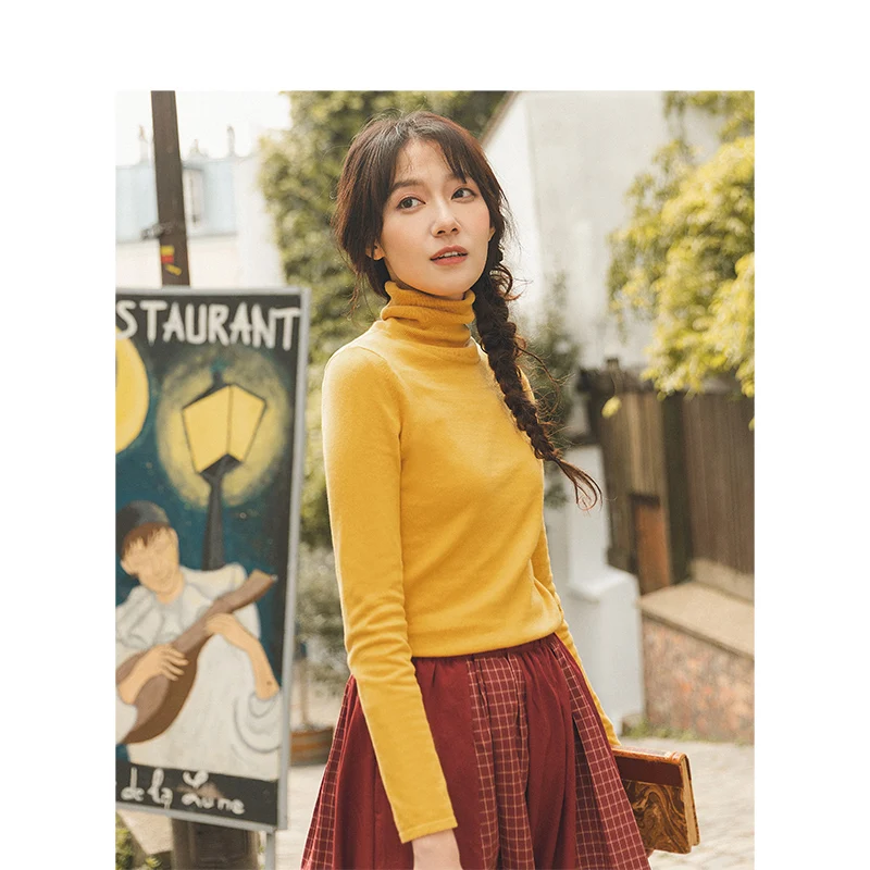 

INMAN 2019 Autumn New Arrival Minimalism Solid All Matched High Collar Slim Pullover Women Snit Sweater