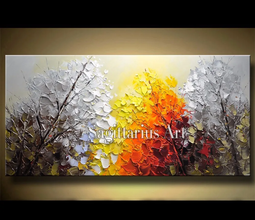 

Hand Painted Landscape Abstract Palette Thick Knife Silver white birch Oil Painting Canvas Decoration Home Wall Living Room Art