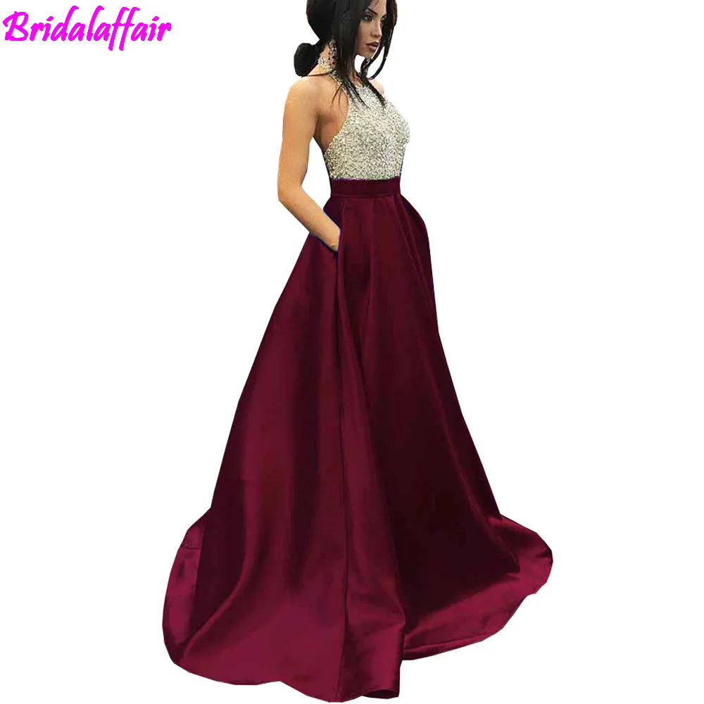 Hot 2018 Burgundy Seauined Prom Dresses Long Halter Satin 2018 Burgundy Seauined Prom Dresses Long Halter Satin Beaded Evening Gown Party For Wedding Vestidos De