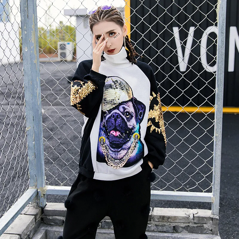 

TREND-Setter 2019 Autumn Fashion Dog Sequins Sweatshirt Women Hip Hop Turtleneck Pullovers Ladies Gold Chain Dog