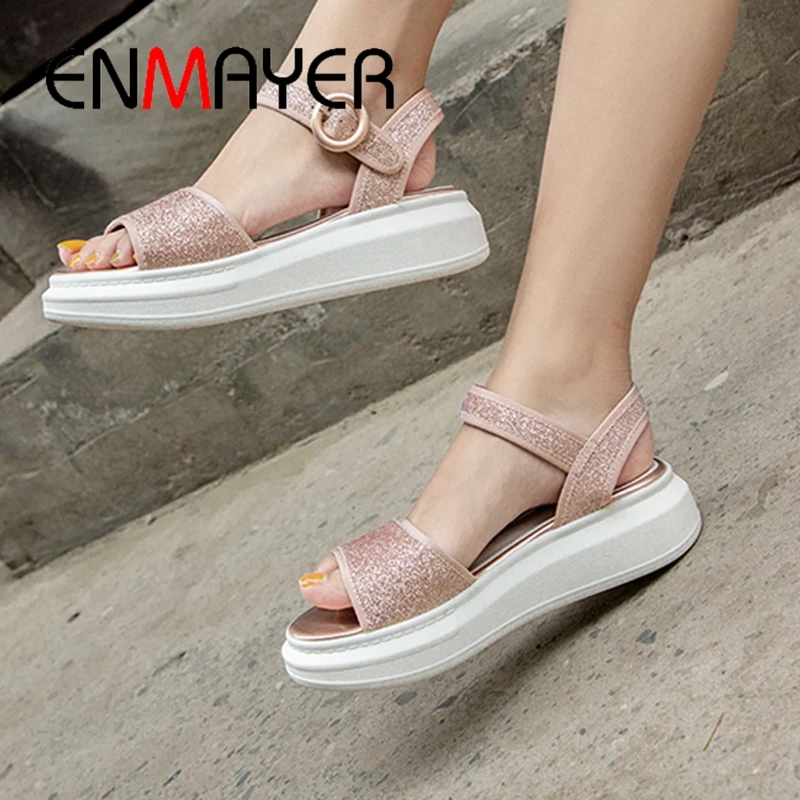 

ENMAYER 2019 New Arrival Gladiator Med High Heels Sandals Women Casual Solid Summer Fashion Shoes Size 34-39 LY2266