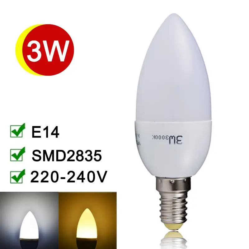 

E14 LED Candle Bulb 220V 240V 3W LED Lamp SMD2835 Lampada LED Chandelier Lighting Energy Saving Warm/Cold White