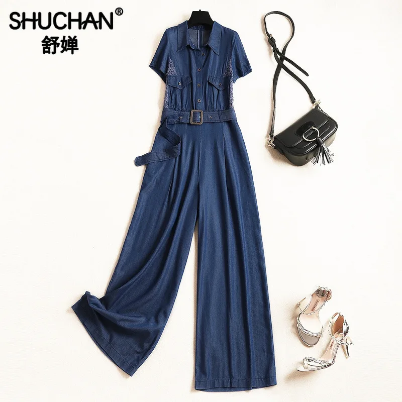 Shuchan Denim Jumpsuits Women Overalls with Short Sleeve Casual Pockets Fashion Nova Woman Trousers Fashion 2019 11303