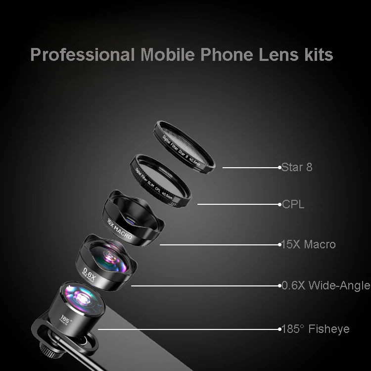 4K HD DSLR Объектив камеры мобильного телефона Lits: фото штатив CPL Starlight Phone фильтр+ потрясающий рыбий глаз и широкоугольный и 15X макро и объектив