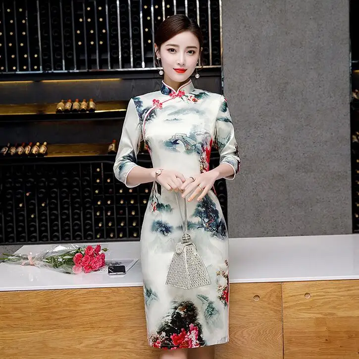 1729 Район печати для женщин пикантные Винтаж Короткие печати Cheongsam Новинка китайский стиль воротник стойка платье дамы тонкий Qipao S-XXXL - Цвет: 1729