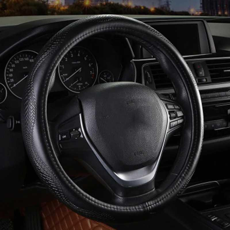 

Genuine Leather Steering Wheel Cover Embossed Four Season Auto Steering-Wheel Covers Universal Size Car Interior Accessories