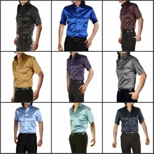 Шелковая рубашка мужская атласная гладкая Мужская Однотонная рубашка-смокинг деловая Chemise Homme Повседневная облегающая блестящая Свадебная рубашка короткие рубашки