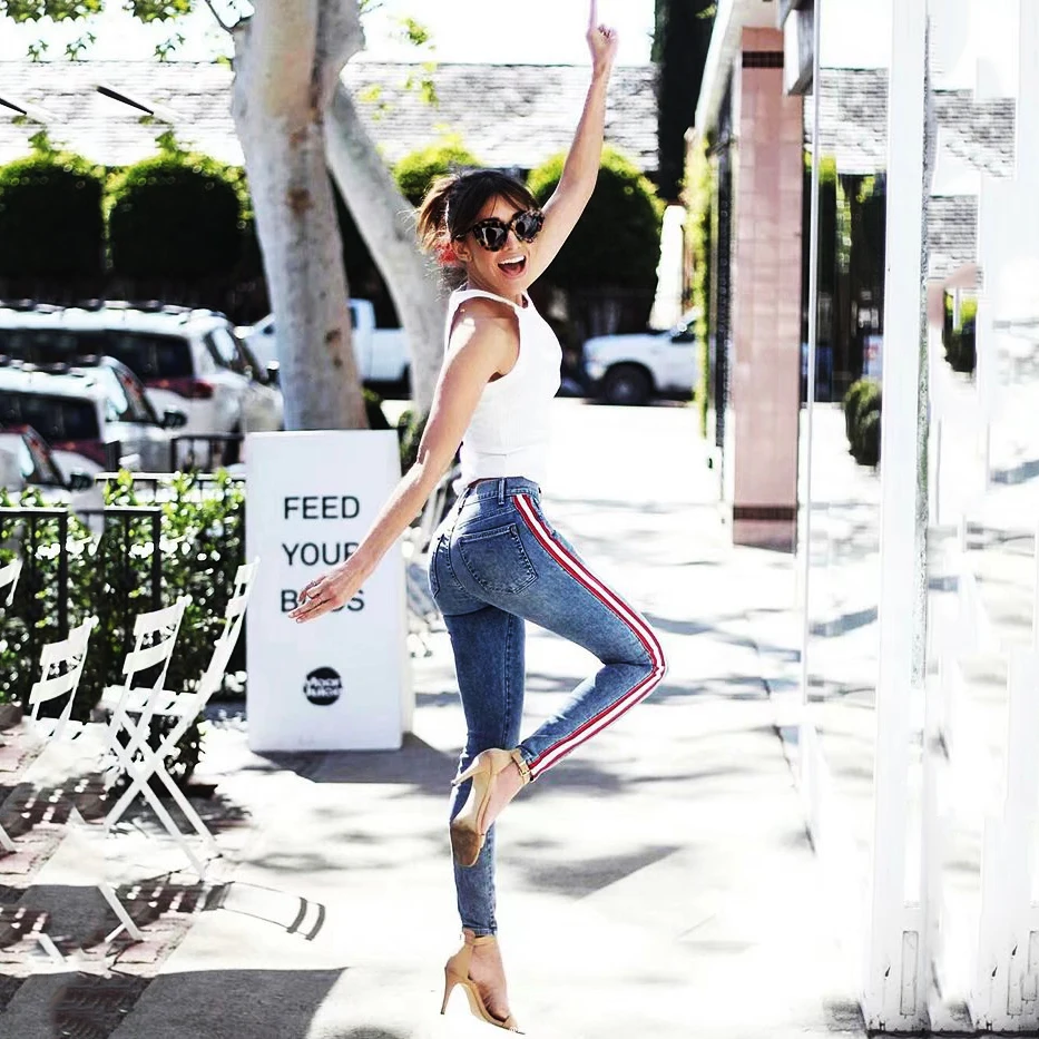 Ankle-Length High Waist Jeans Woman Side Striped Patchwork Skinny Jeans All Matched Casual Pants Brief Slim Winter Boots Jeans