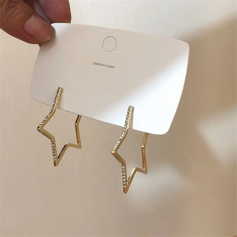 

AOMU 2019 New Korean Metal Gold Matte Hollow Pentagram Star Rhinestone Loop Hoop Earrings for Women Gifts Party Wedding Jewelry