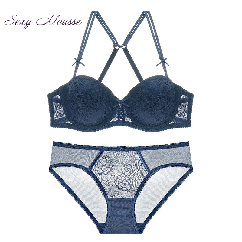 Sexy Mousse Elegant Lace half cup 2/1 cups underwear panties set sexy